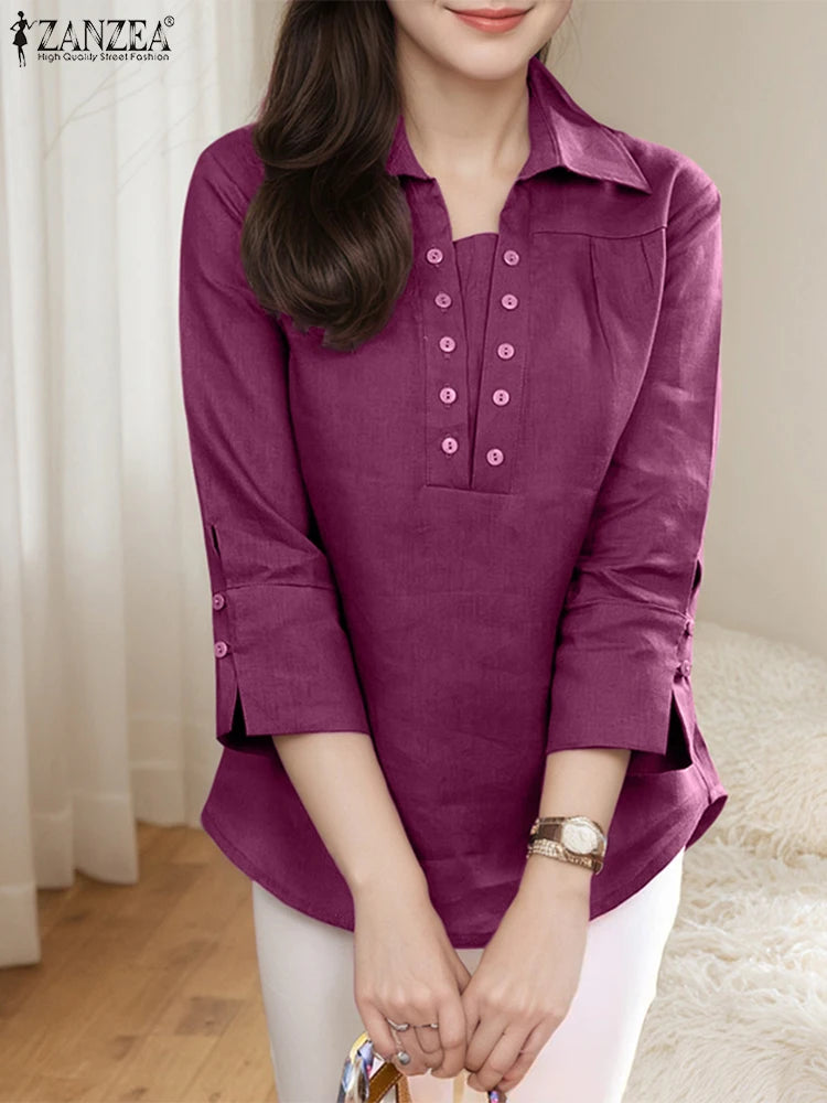 Blusa de Oficina para Mujer 2025 | Cuello Solapa y Manga 3/4 | Tallas Grandes | Ticotrendy