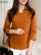 Blusa de Oficina para Mujer 2025 | Cuello Solapa y Manga 3/4 | Tallas Grandes | Ticotrendy