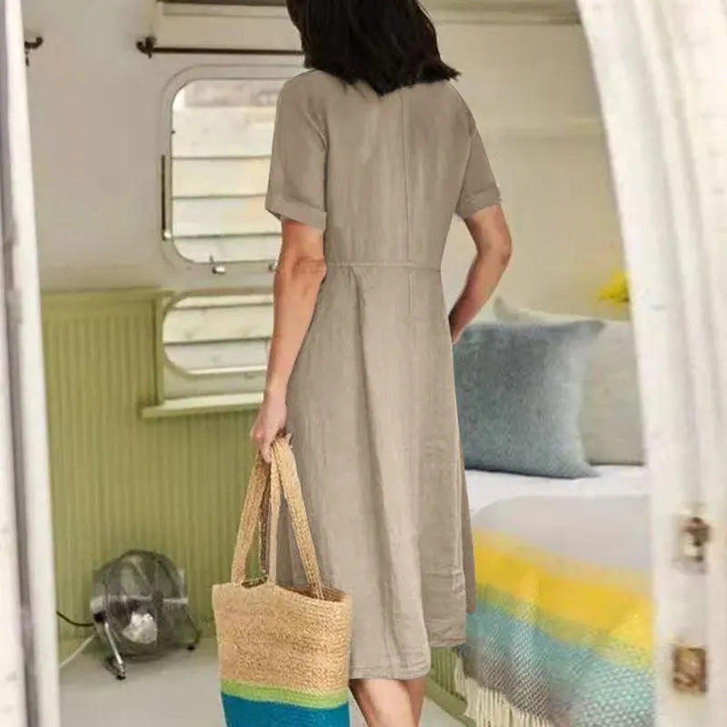 Vestido Camisero de Algodón y Lino Cintura Alta