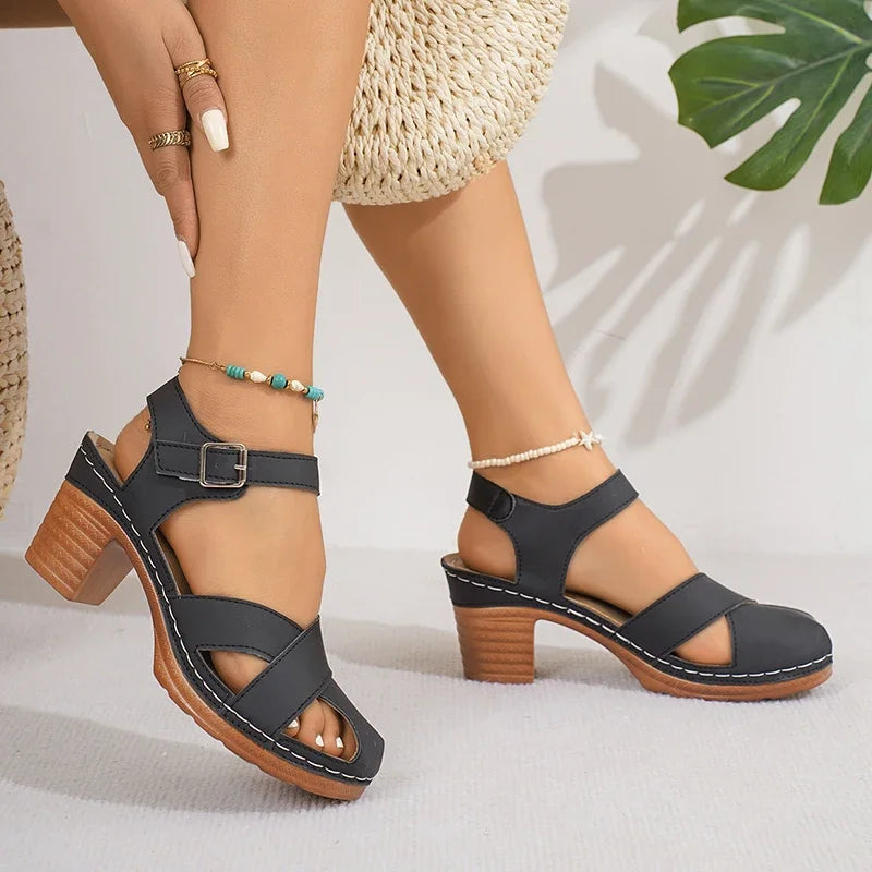 Sandalias de Tacón Alto con Punta Cerrada | Plataforma Antideslizante | Hebilla Tobillera | Talla Grande