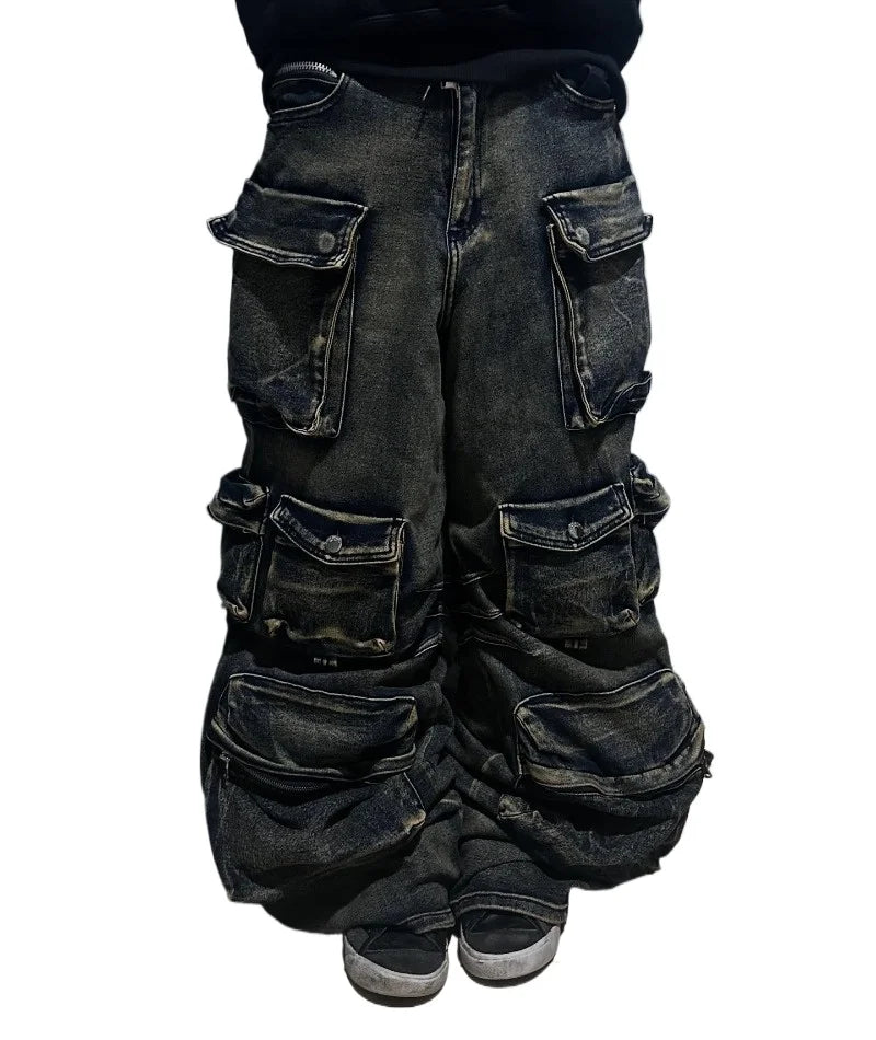 Jeans Y2K Lavado Multibolsillo | Holgado Pierna Ancha | Hip-hop Punk Vintage | Ticotrendy
