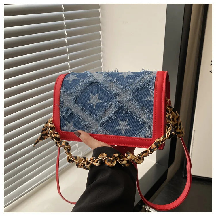 Bolso Hombro Vaquero Mujer Retro Estrellas Cinta Leopardo