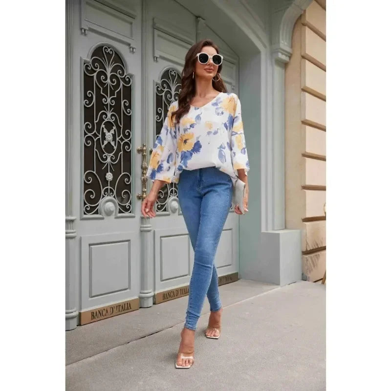 Blusa de manga corta con estampado de flores y media manga con cuello en V de verano para mujer de talla grande 1XL-5XL