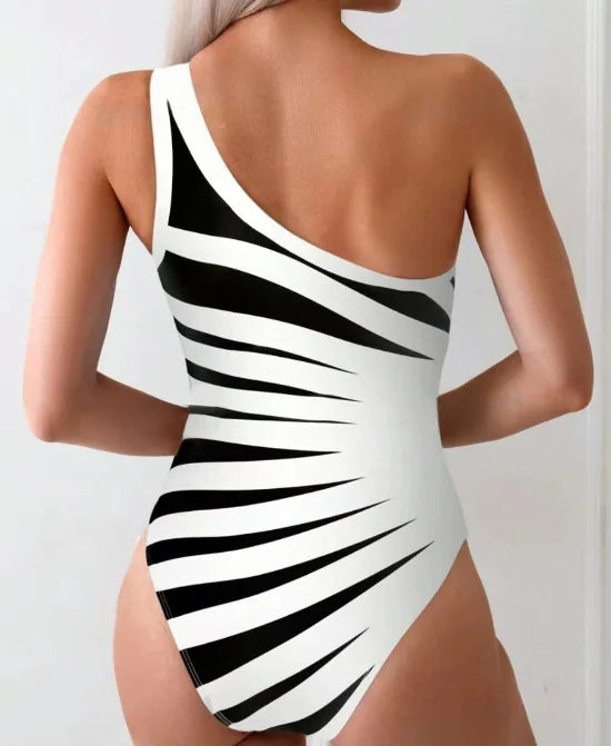 Traje de Baño Enterizo Un Hombro | Rayas Colorblock | Plisado Elegante