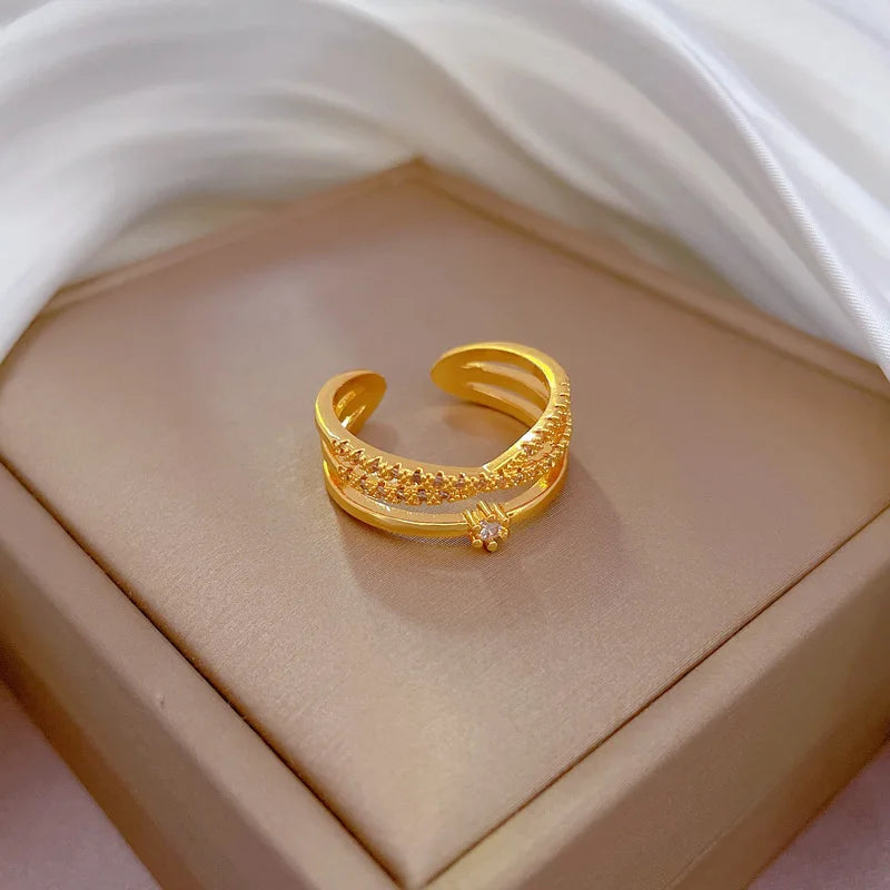 Anillos ajustables con forma de cruz de circón para mujer y niña, anillos de cobre de doble capa de Color dorado, accesorios para dedos, regalos