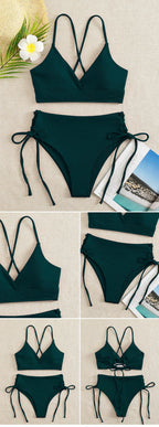Bikini con Cordones y Cuello en V Profundo - Triangulares