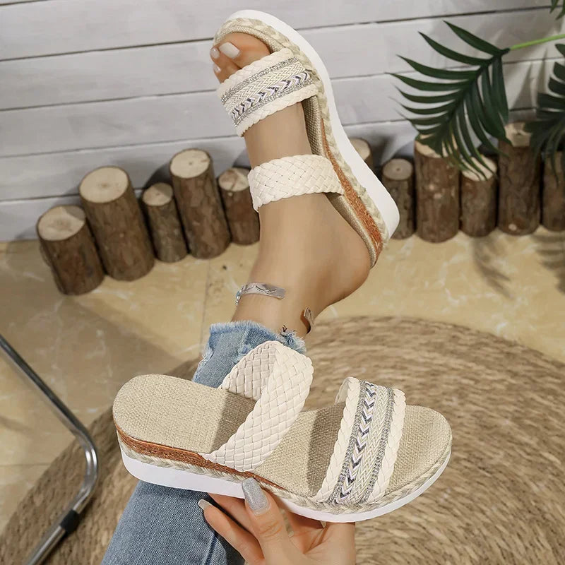 Sandalias de Cuña Bohemias | Plataforma Tejida | Suela Gruesa