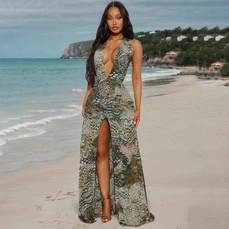 Vestido largo elegante con estampado abstracto para mujer, falda larga dividida con escote en V profundo y espalda descubierta, vestido informal de estilo francés a la moda de verano