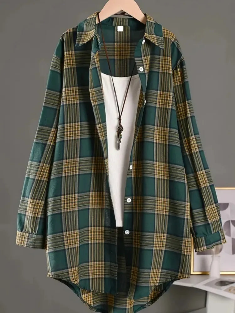 Camisa Algodón Lino Cuadros Plus Size | Holgada Manga Media Largo Midi | Tallas 1XL-5XL | Tico Trendy