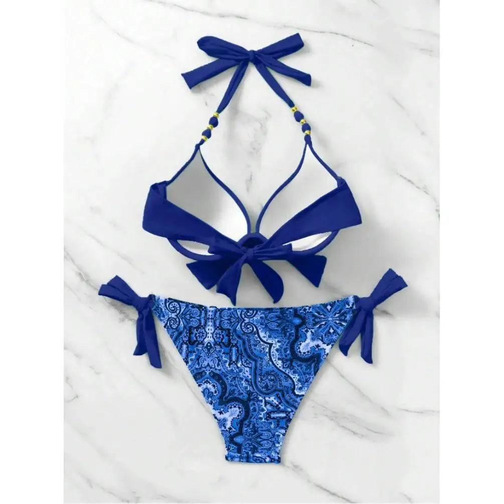 Bikini de Neón con Lazo Lateral y Estampado de Cachemira Push Up