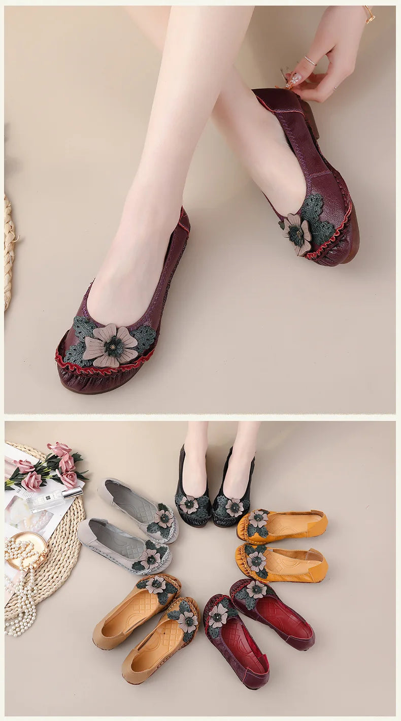 Mocasines Planos Florales de Cuero Genuino | Hechos a Mano | Talla 41 | Estilo Retro