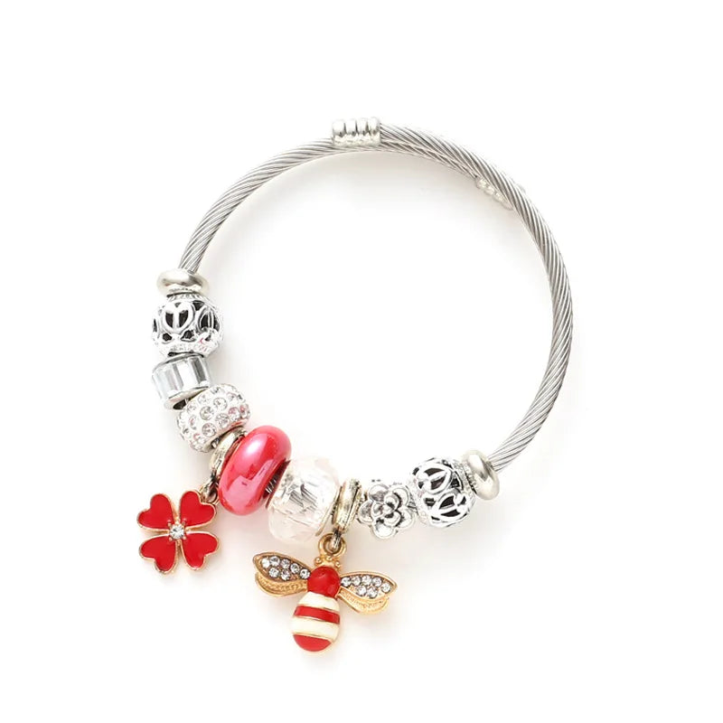 Pulseras con dijes de trébol de abeja de cristal a la moda para mujeres y niñas, brazalete bonito de acero inoxidable, accesorios, regalos de joyería