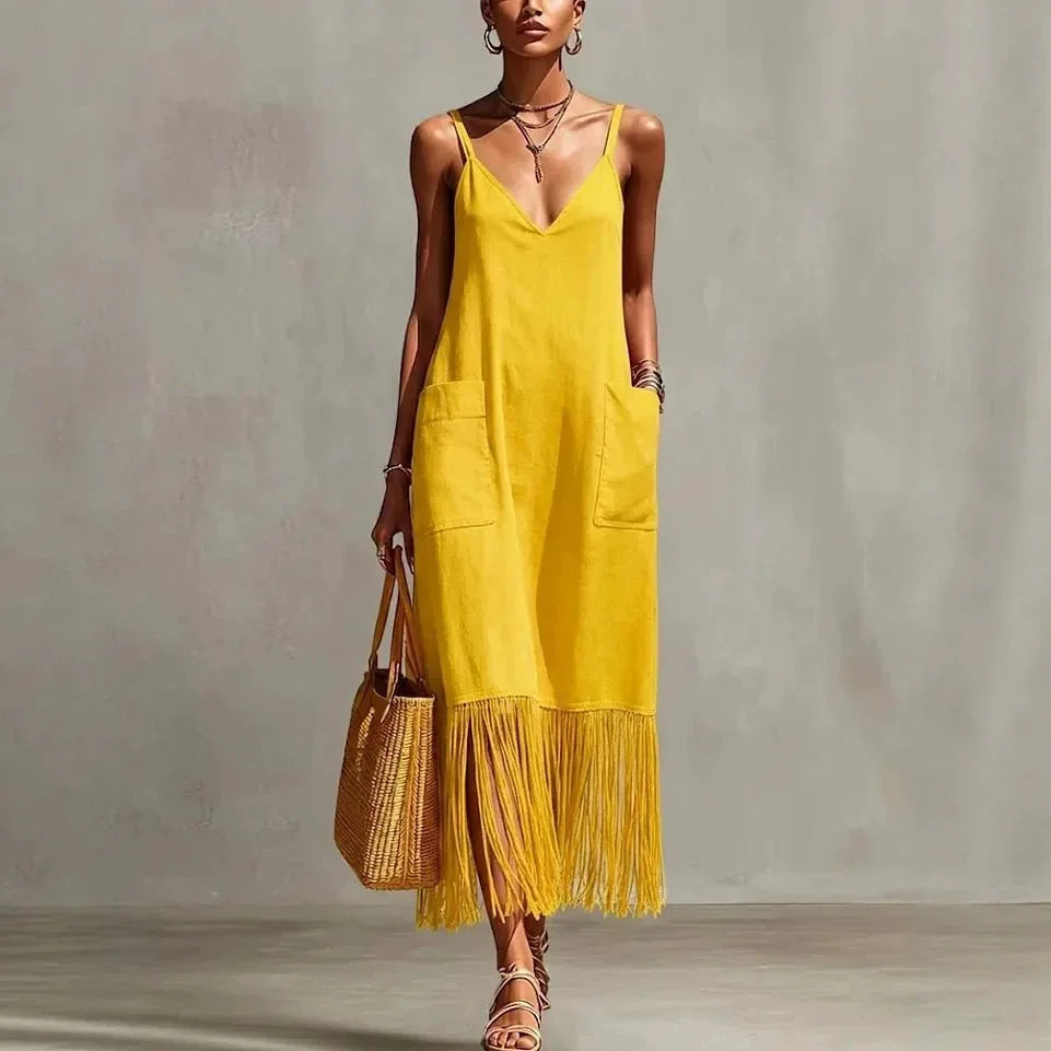 Vestido Largo Casual con Tirantes y Borlas