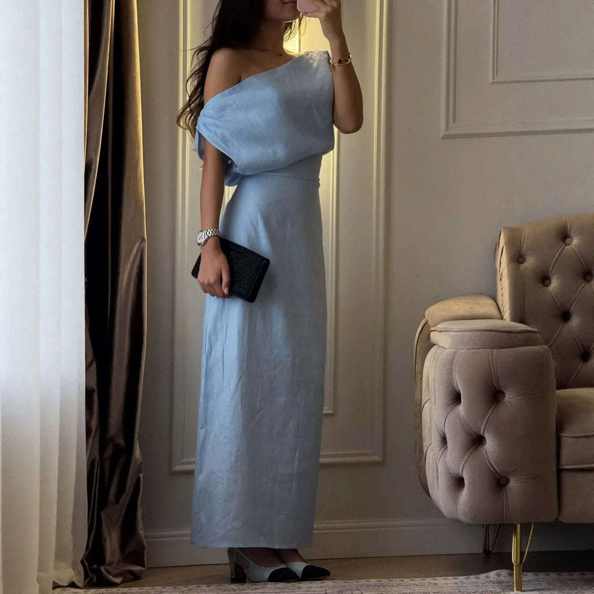 Vestido de Lino y Algodón Un Hombro para Fiesta