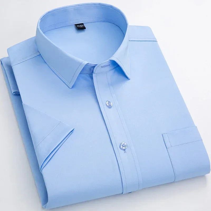 2025 Camisa de vestir antiarrugas elástica sin hierro para hombre, camisa de manga corta para hombre, Camisas sociales formales