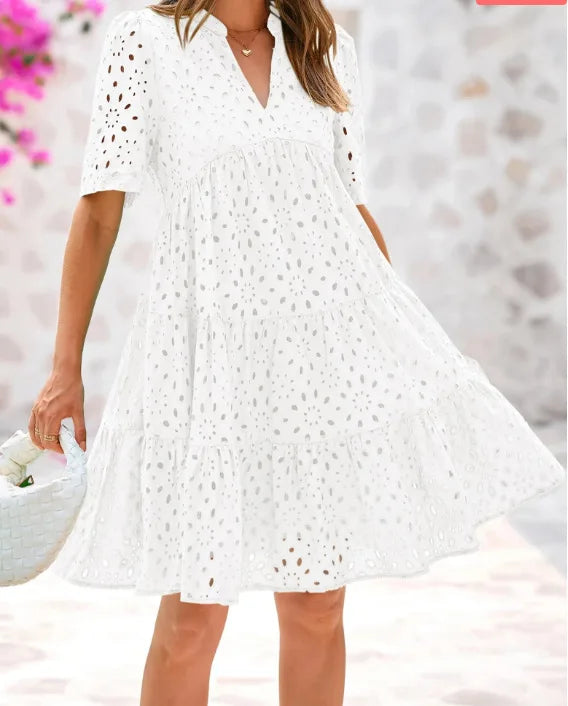 Vestido Bohemio Escote en V con Encaje y Volantes