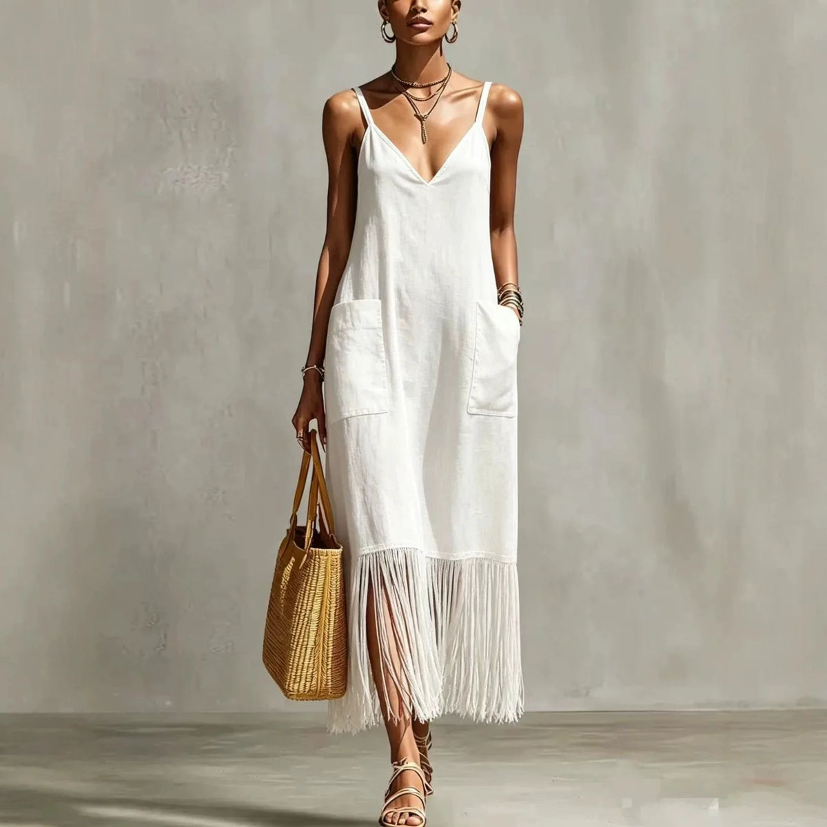 Vestido Largo Casual con Tirantes y Borlas
