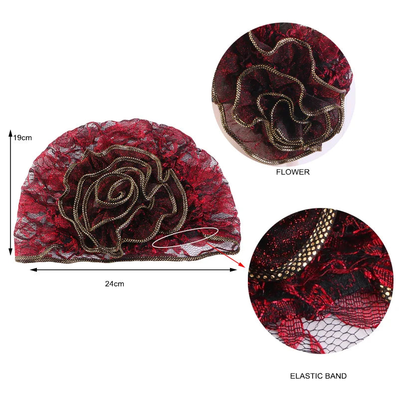 Turbante de encaje negro para mujer, gorro bajo bufanda, de flores grandes Hijab, sombreros musulmanes, gorro de flores, gorro de envoltura, sombreros islámicos, nuevo