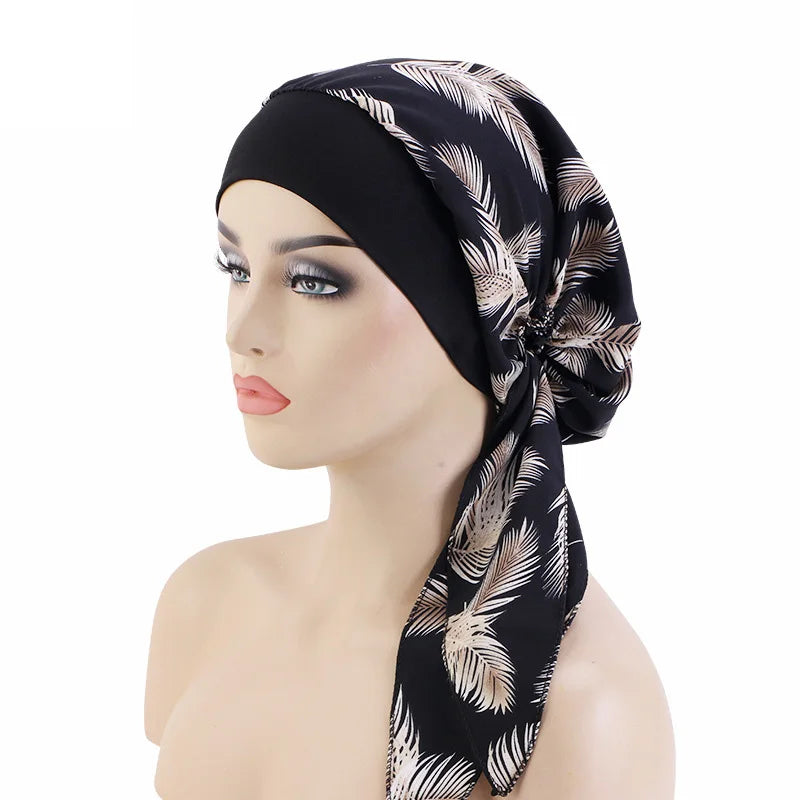 Nuevo pañuelo para la cabeza con estampado satinado para mujer, turbante musulmán elástico preatado, gorro para dormir para quimioterapia, cubierta para la pérdida de cabello, pañuelo para la cabeza
