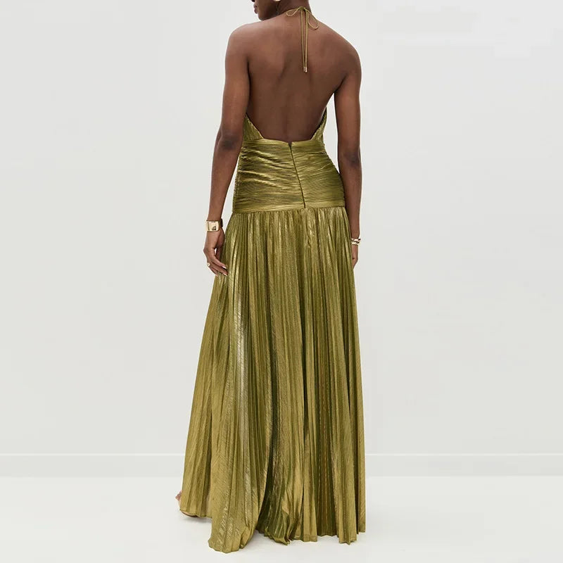 Vestido Largo Dorado Sexy Con Cuello Halter Abertura Alta Plisado