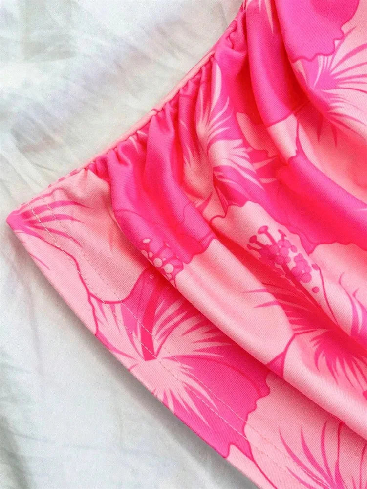 Top corto con cintura fruncida Floral para mujer, Top Sexy con estampado con dibujo de verano, camiseta sin mangas con cuello Halter y espalda descubierta, ropa de calle Y2K