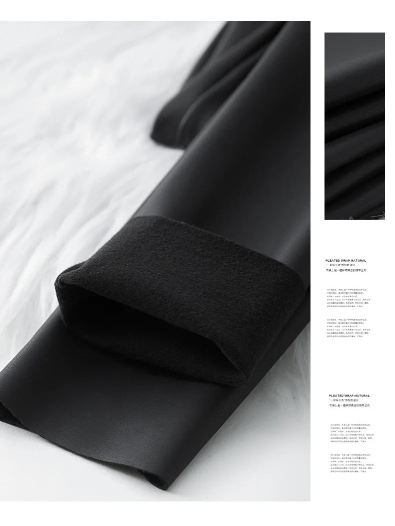 Leggings PU Cuero Invierno | Lana Fina Sexy Ajustado | Cintura Alta Elástico Cálido