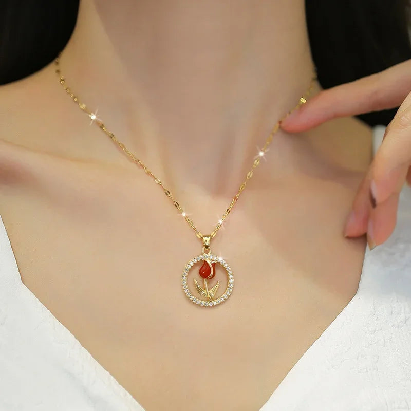 Collar Acero Inoxidable Vintage Flor Rosa Roja Circones Brillantes | Regalo Accesorio Elegante