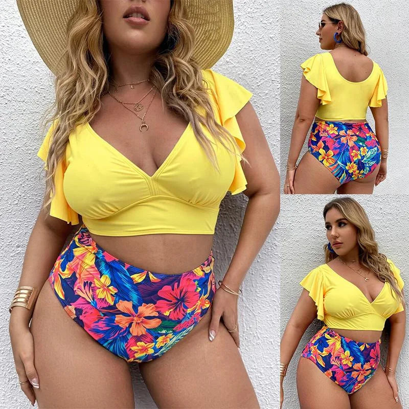 Bikini de Talla Grande con Volantes - Estampado y Tiro Alto para Playa