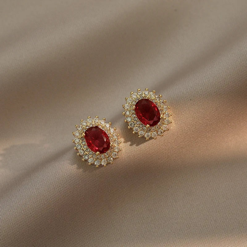 Pendientes de tuerca de circón de Piedra Roja elegante para mujeres y niñas, accesorios de oreja de moda, regalos de fiesta