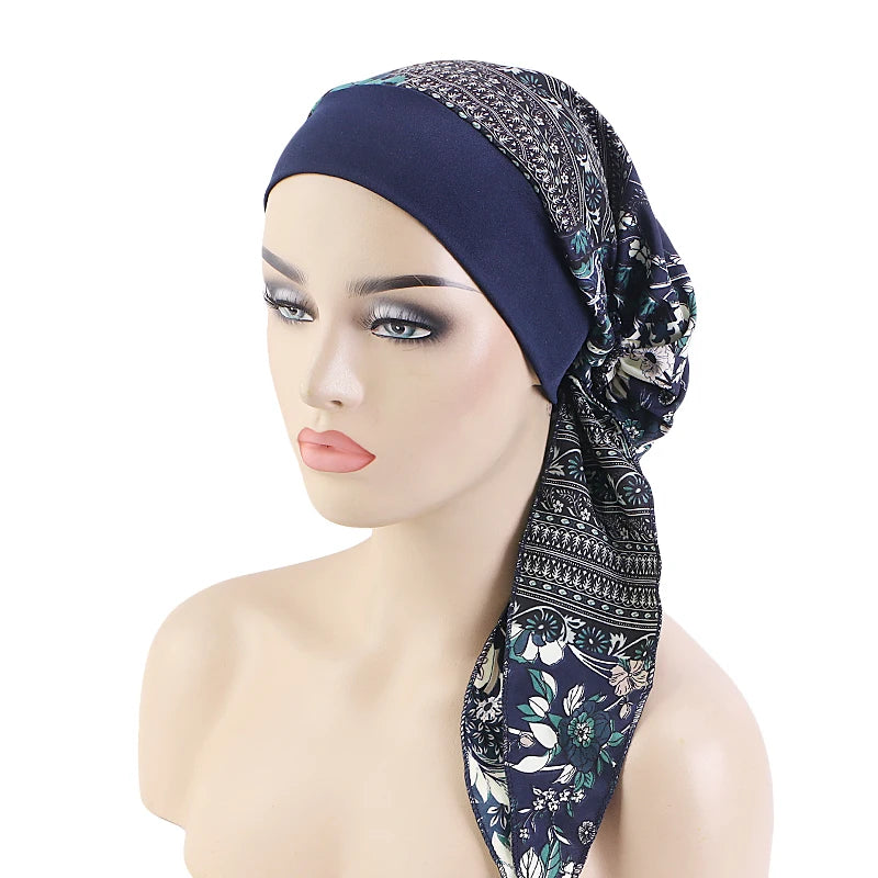 Nuevo pañuelo para la cabeza con estampado satinado para mujer, turbante musulmán elástico preatado, gorro para dormir para quimioterapia, cubierta para la pérdida de cabello, pañuelo para la cabeza