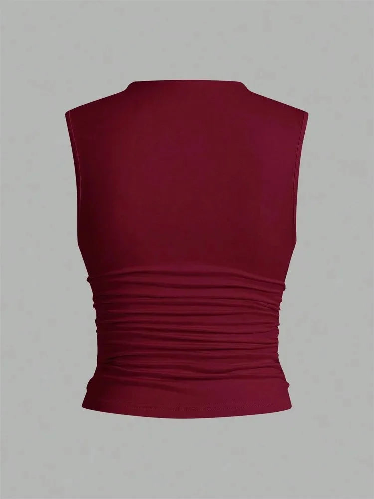 Top corto plisado con cuello simulado para mujer, camiseta sin mangas básica sin mangas fruncida de Color sólido de verano, ropa de calle