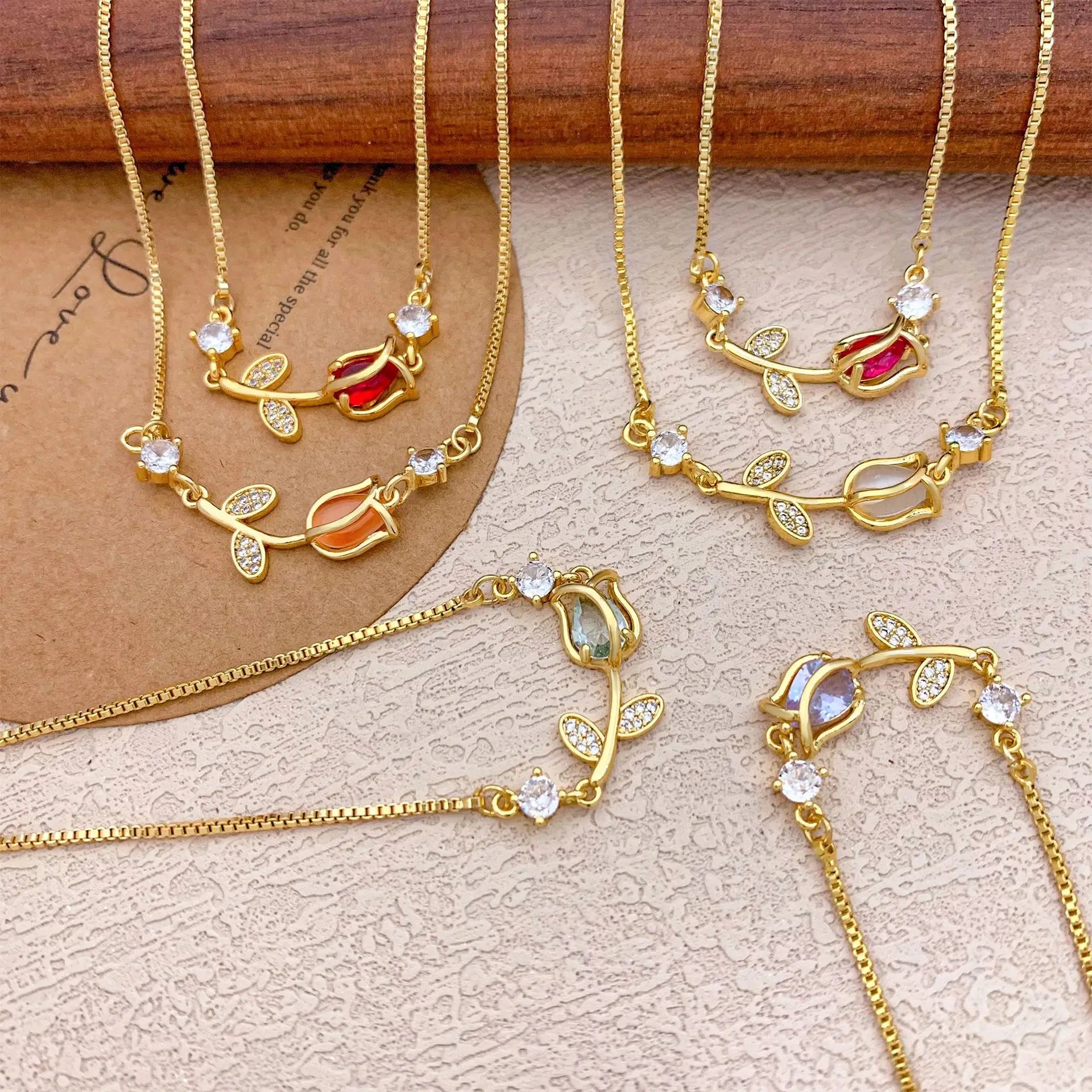 Pulseras con dijes de flor de tulipán y piedra lunar de circón colorido dulce para mujer y niña, joyería de cadena de caja de acero inoxidable ajustable elegante