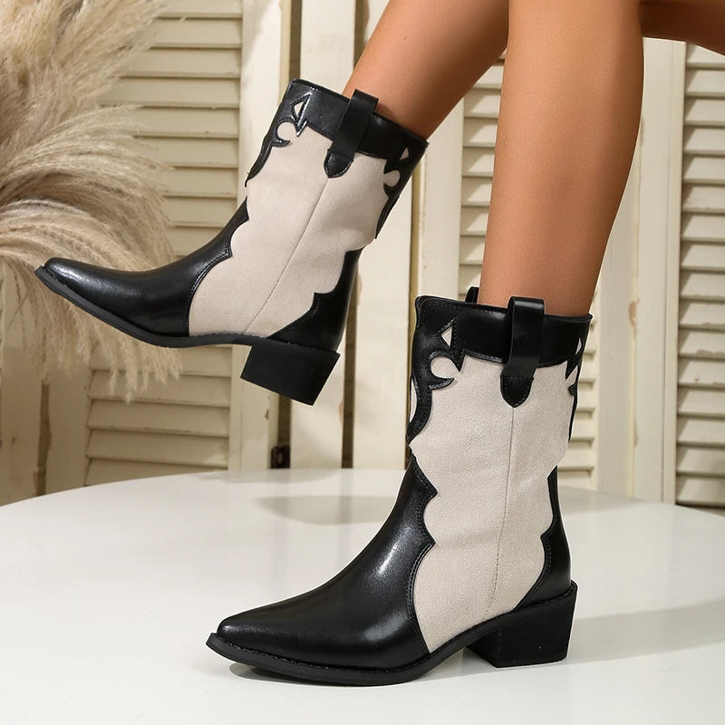 Botines Vaqueros con Punta Estrecha y Tacón Grueso para Mujer