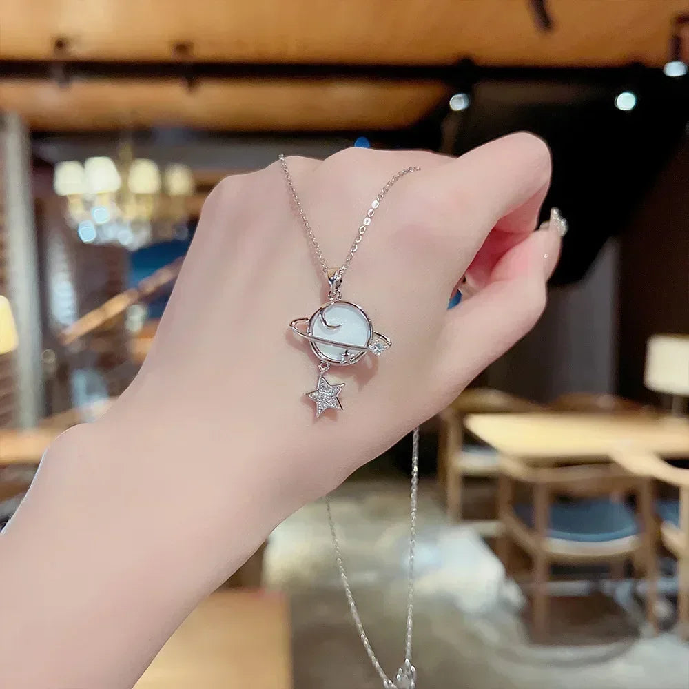 Collares de Planeta de piedra lunar de circón de acero inoxidable para mujeres y niñas, Color dorado, joyería de moda, regalos, accesorios para amigos