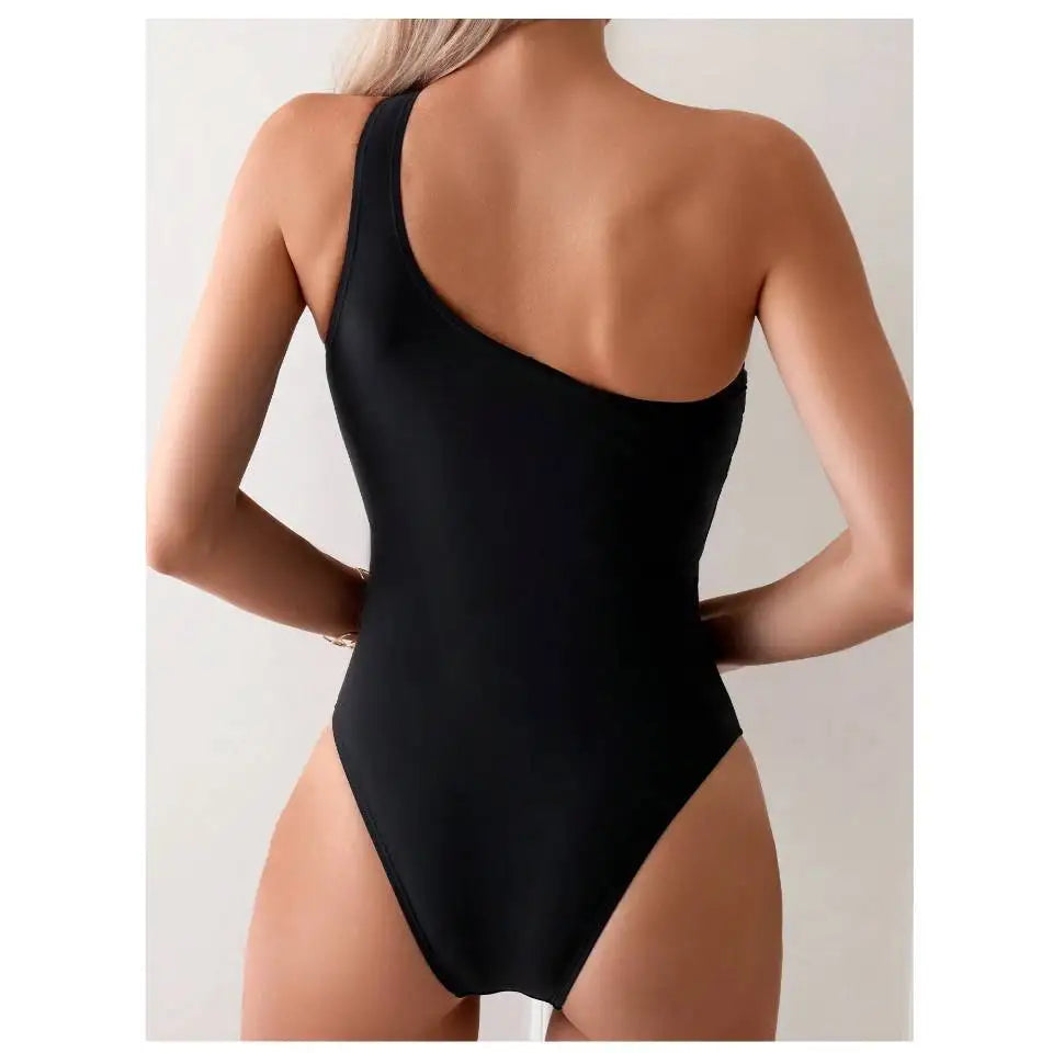 Traje de Baño Una Pieza | Un Hombro Sin Mangas | Diseño Ahuecado | Color Sólido
