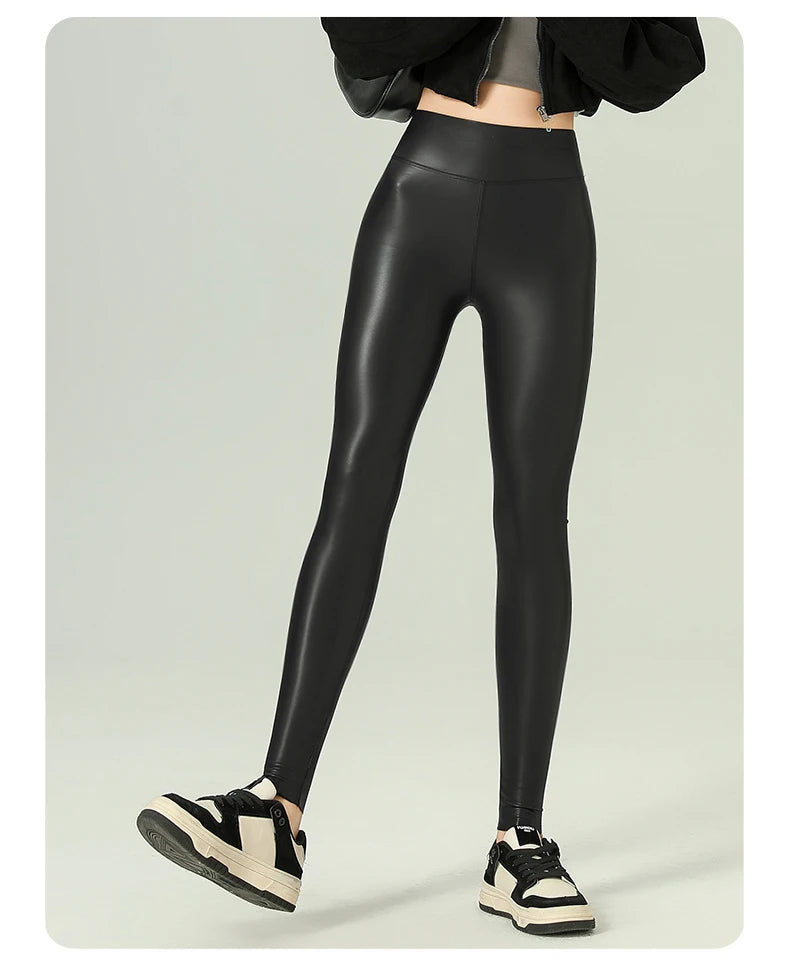 Leggings PU Cuero Invierno | Lana Fina Sexy Ajustado | Cintura Alta Elástico Cálido