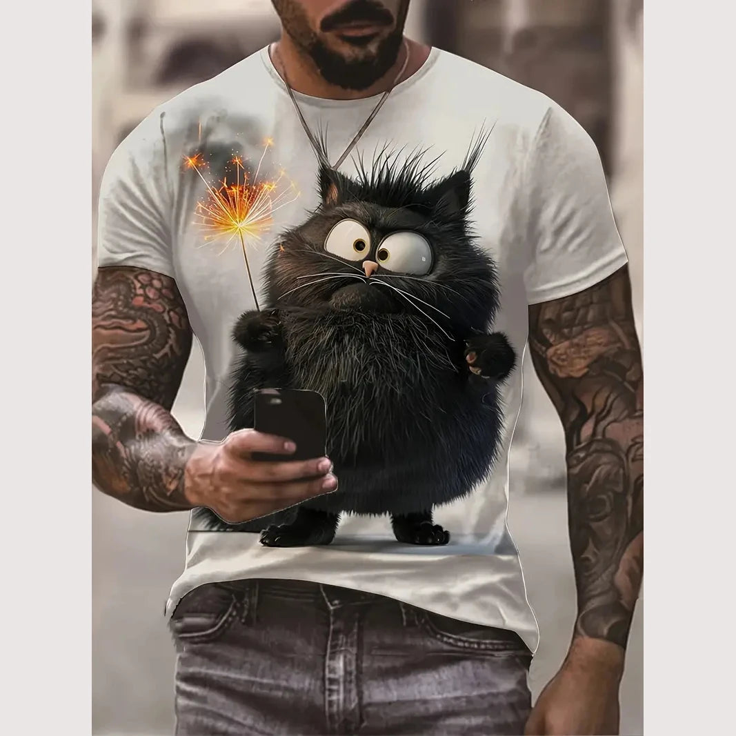 Camiseta Hombre 3D ∣ Estampado Gato ∣ Moda Oversize ∣ Cuello Redondo