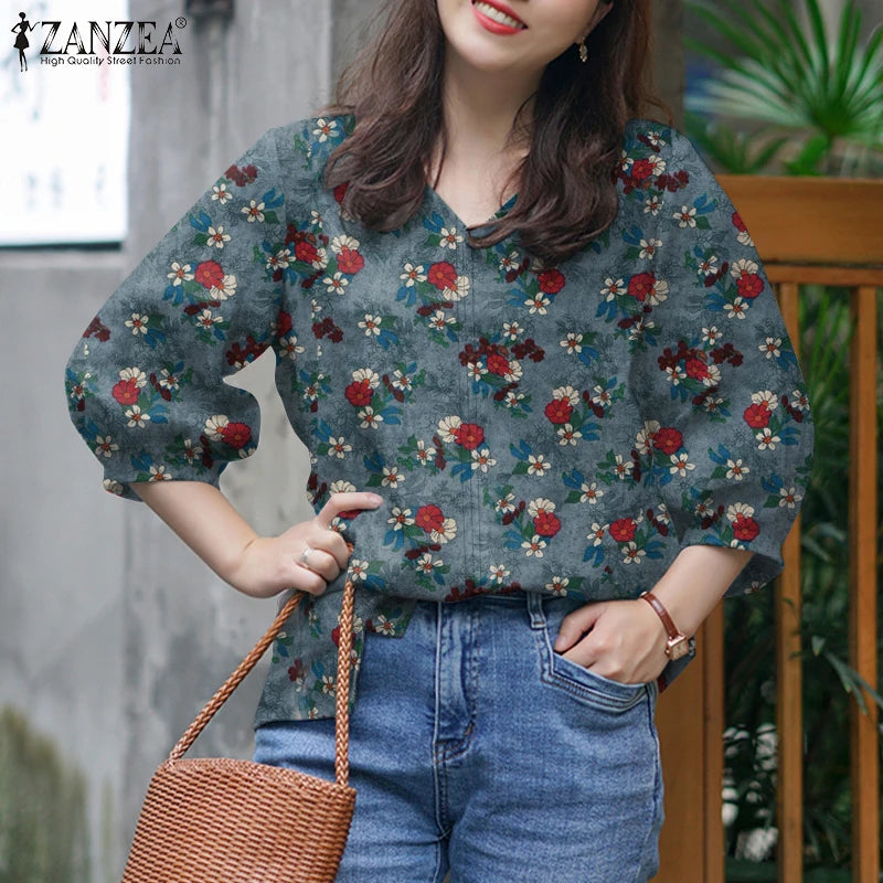 ZANZEA Blusas de algodón con estampado Floral de talla grande para mujer, blusas de manga 3/4 con cuello en V, Top de corte alto-bajo, Blusas informales para primavera y verano, 5XL