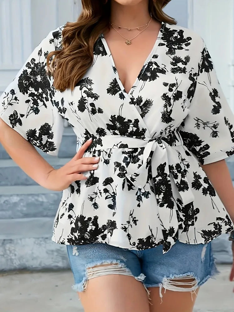 Blusa Estampado de Hojas | Manga Corta | Talla Grande | Tico Trendy