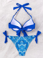 Bikini de Neón con Lazo Lateral y Estampado de Cachemira Push Up