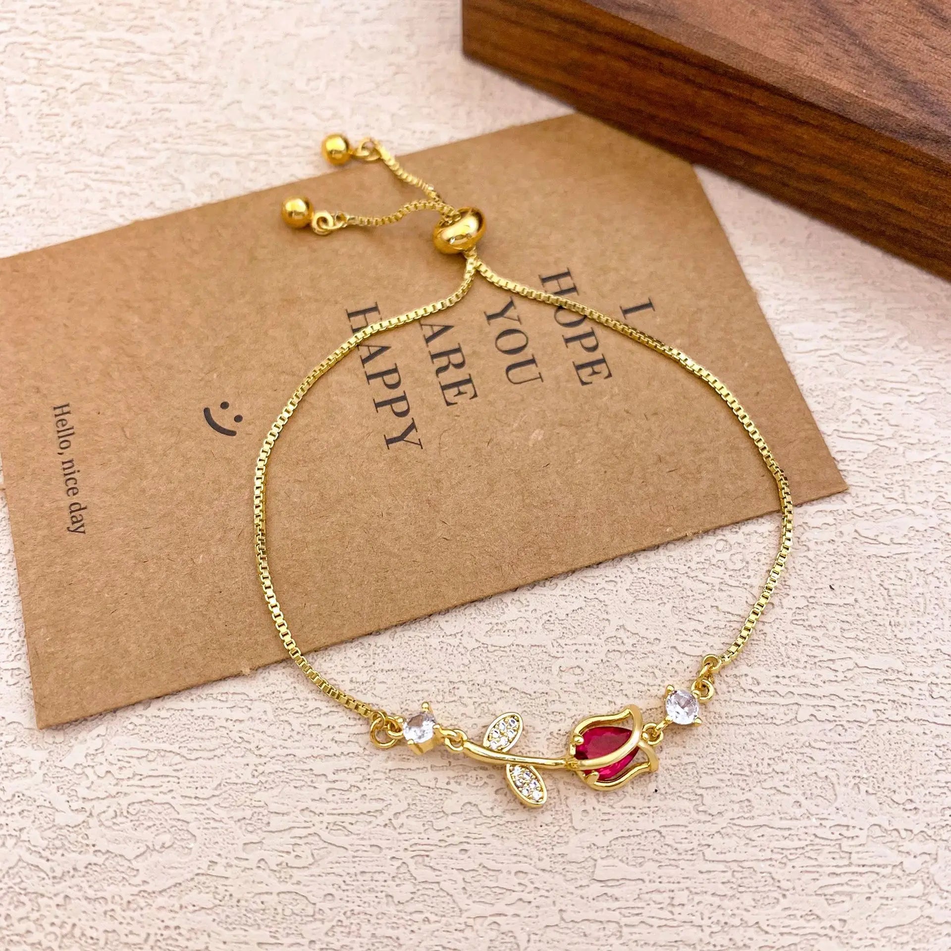 Pulseras con dijes de flor de tulipán y piedra lunar de circón colorido dulce para mujer y niña, joyería de cadena de caja de acero inoxidable ajustable elegante