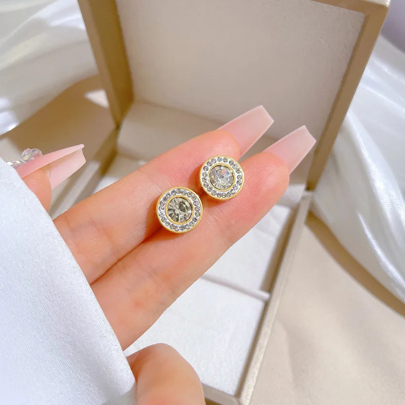 Pendientes redondos de circonita brillante de lujo de acero inoxidable para mujeres y hombres, pendientes geniales brillantes a la moda, accesorios de joyería, regalos