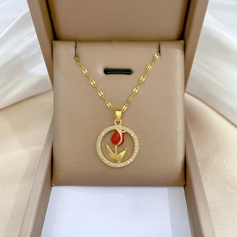 Collar Acero Inoxidable Vintage Flor Rosa Roja Circones Brillantes | Regalo Accesorio Elegante