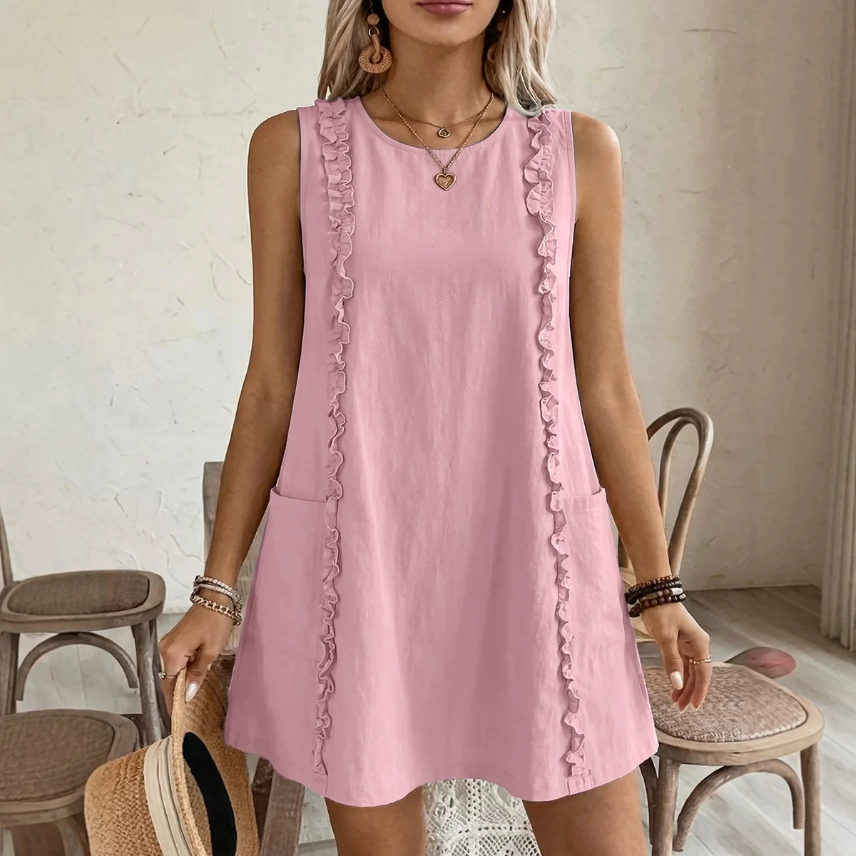 Vestido Corto Liso Sin Mangas con Bolsillos