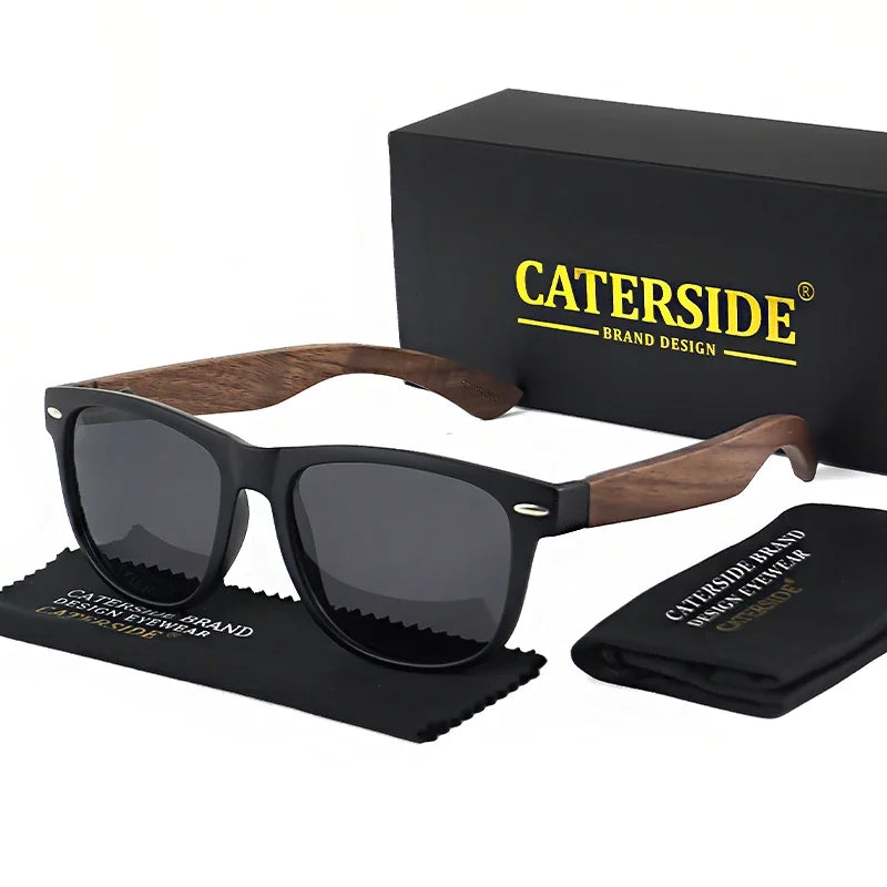 Gafas de Sol CATERSIDE Retro | Madera Natural y Montura TR90 | Lentes Polarizadas Ovaladas
