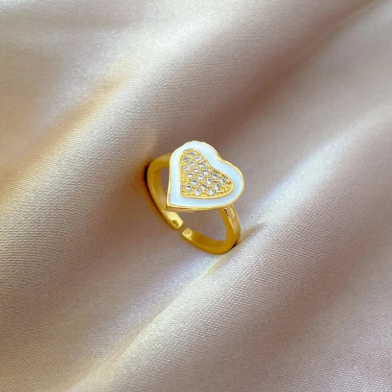 Anillo de corazón de circón de esmalte blanco exagerado chapado en oro de 18 quilates para mujer, anillo de cobre abierto ajustable, regalos de joyería para amigos