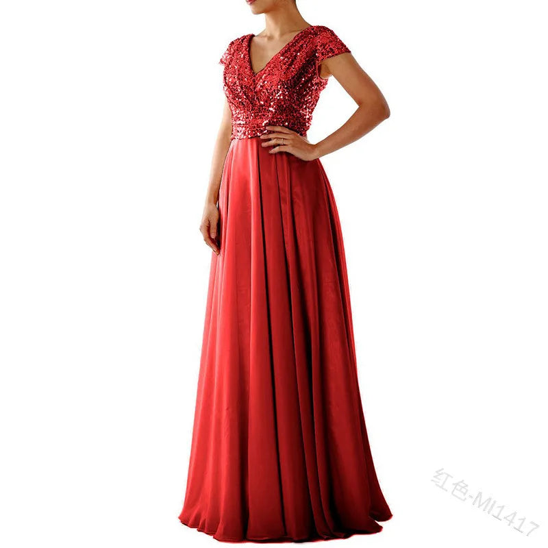 Vestido Cóctel Gasa Plisado Elegante Lentejuelas | Cuello V Formal Longitud Suelo