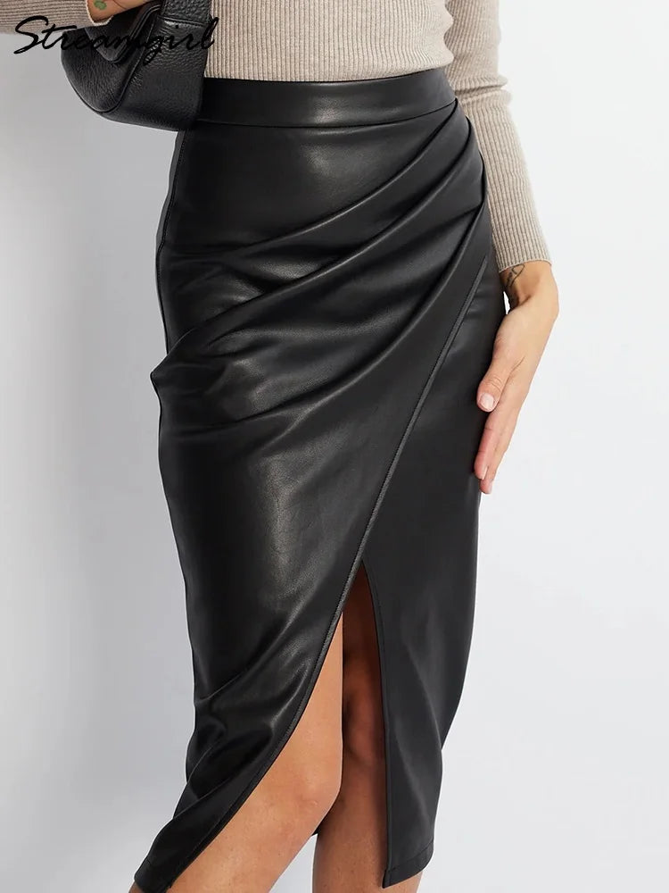 Falda Midi De Cuero Sintético Con Abertura Y Pliegues Sexy