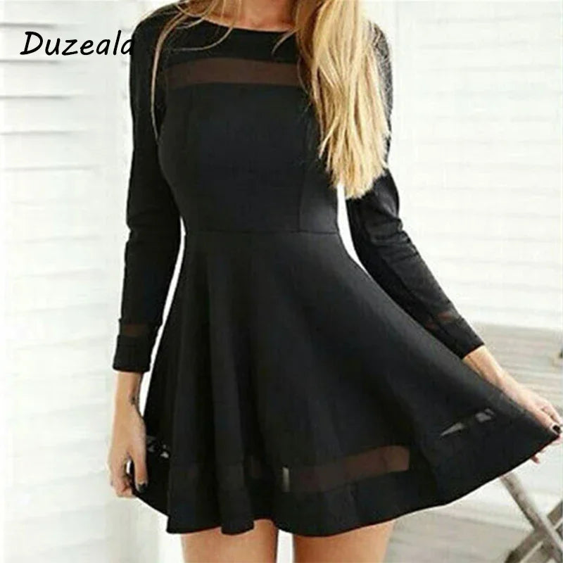 Vestido personalizable 2024 para mujer, Primavera Verano, longitud hasta la rodilla, malla Vintage, Sexy, cuello redondo, vestidos de fiesta negros, vestido negro