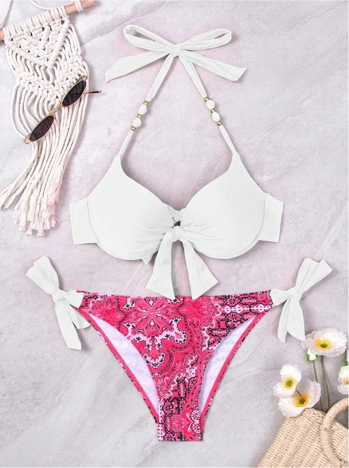 Bikini de Neón con Lazo Lateral y Estampado de Cachemira Push Up